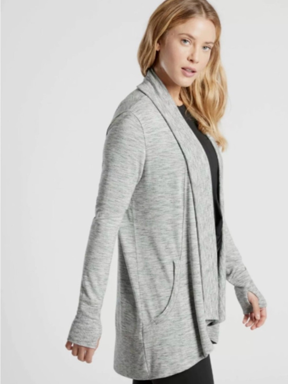 Athleta Pranayama Restore Wrap Heathered Light Gray Open-Front Cardigan -XS